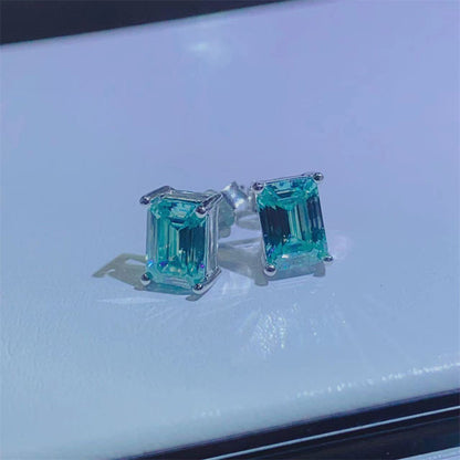 Green Moissanite Stud Earrings, Emerald Cut Geometric Unisex Earrings