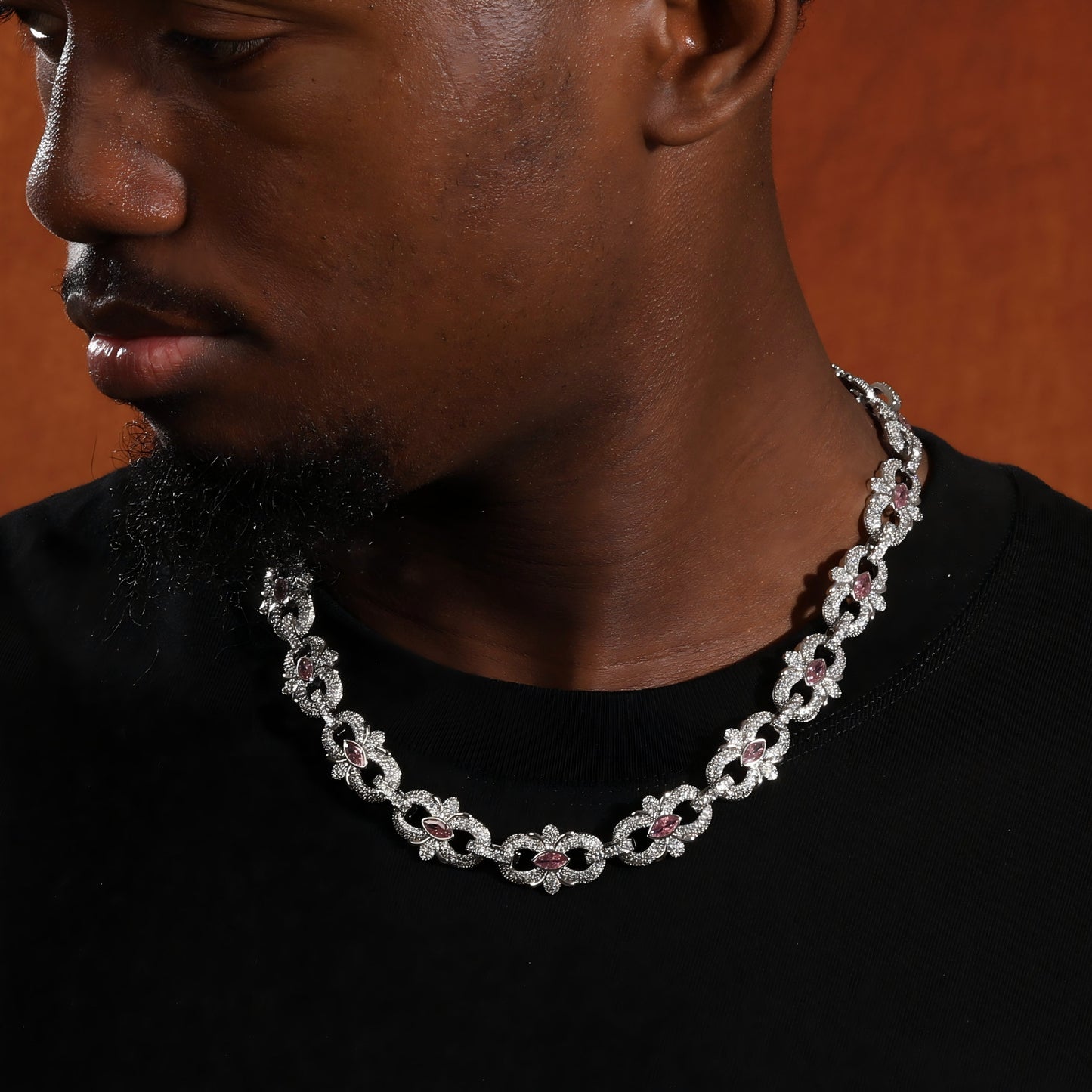 Men’s Iced Out Circular Link Cuban Chain Necklace & Bracelet in Silver-Tone Cubic Zirconia