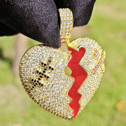Iced Out Broken Heart Pendant Necklace Unisex Hip Hop Statement Chain