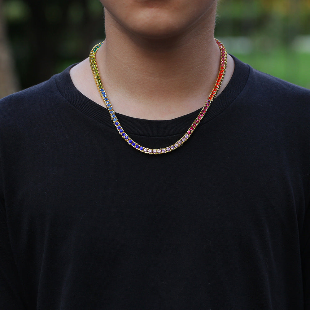 Men’s Rainbow Crystal Line Chain Necklace - Gold Plated & Silver Plated Statement Pendant Necklace, 16/18/20 Inch