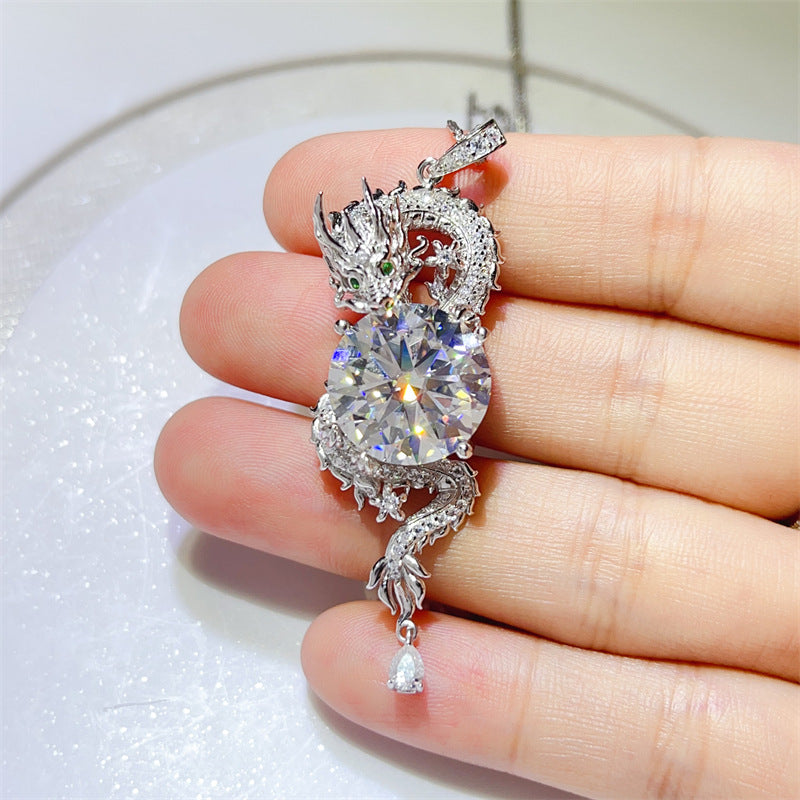 Dragon Moissanite Pendant Necklace 10 Carat Round Stone Silver Chain Statement Necklace product image