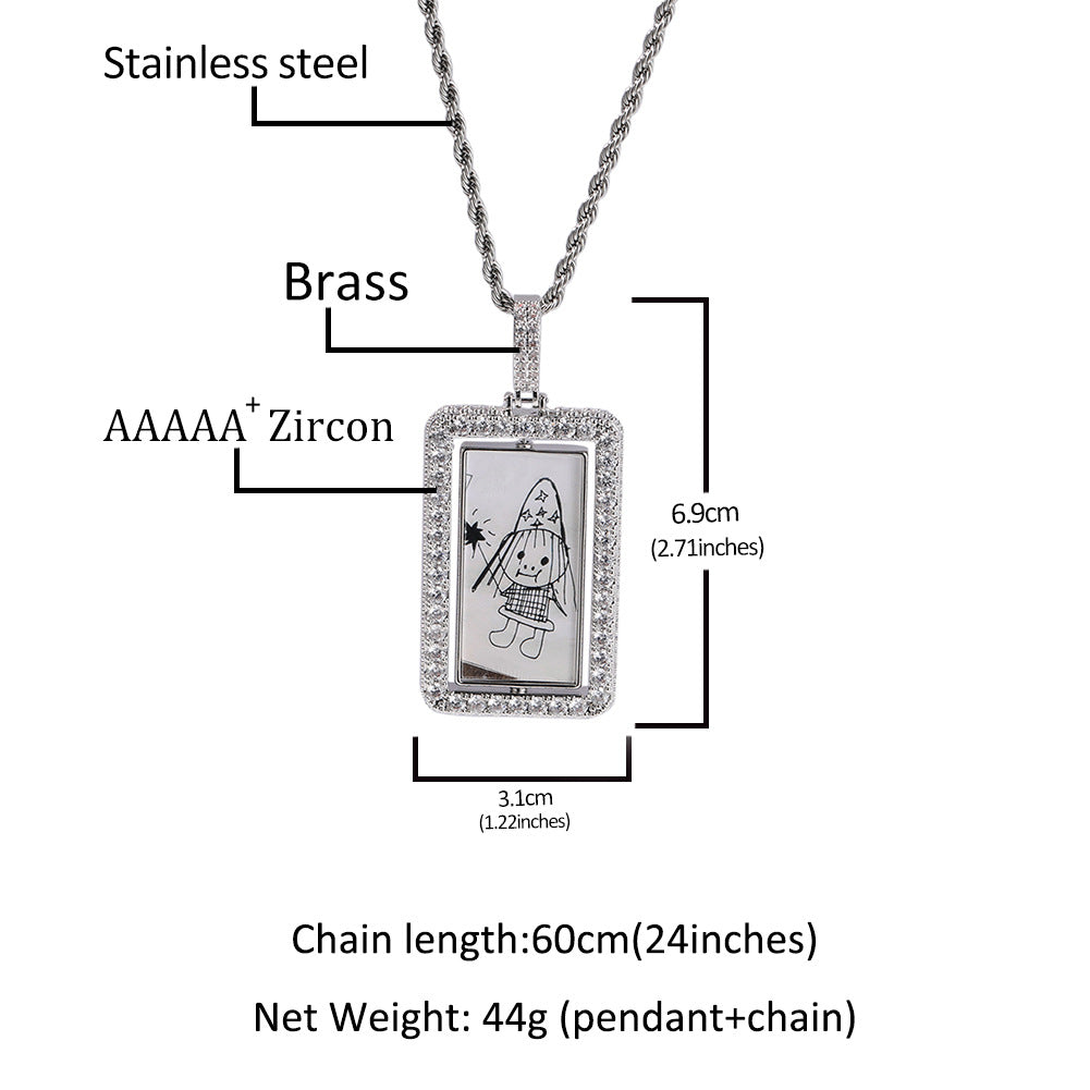 Unisex Square Rotating Photo Pendant Necklace with Cubic Zirconia Twisted Chain product image