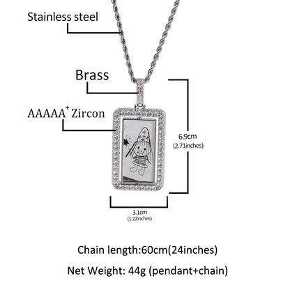 Unisex Square Rotating Photo Pendant Necklace with Cubic Zirconia Twisted Chain