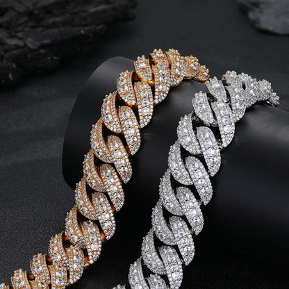 Iced Out Cuban Link Chain Necklace and Bracelet Set, Copper Zirconia Hip Hop Jewelry