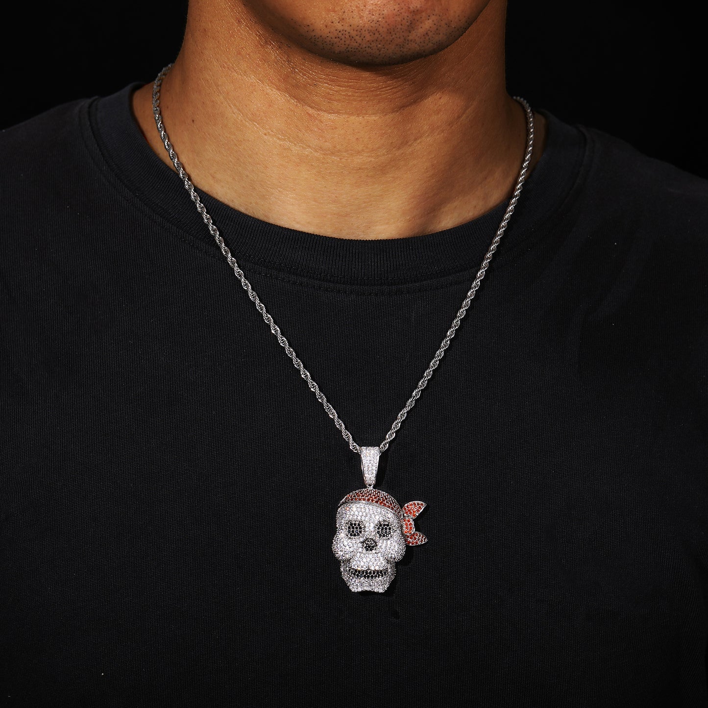 Iced Out Pirate Skull Pendant Necklace for Men - Hip Hop Cubic Zirconia Rope Chain Statement Jewelry product image