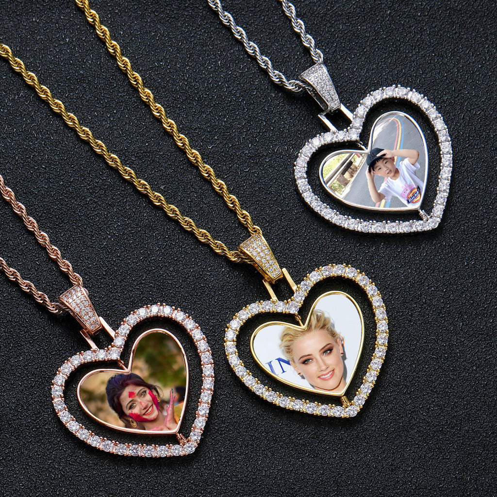 Hip Hop Heart Photo Frame Copper Necklace for Men and Women