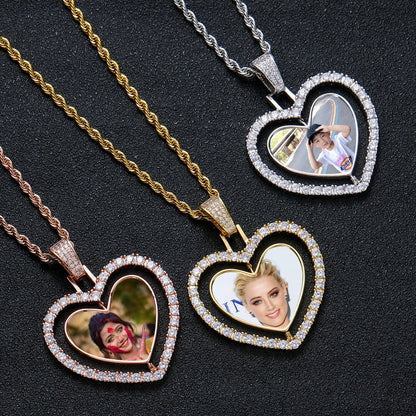 Hip Hop Heart Photo Frame Copper Necklace for Men and Women