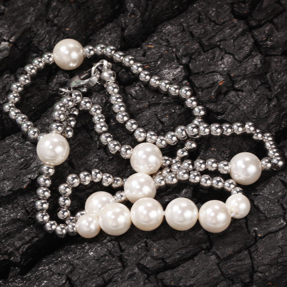 Unisex Layered Pearl Chain Necklace – Trendy Statement Pendant Necklace in Silver-Plated Line Design