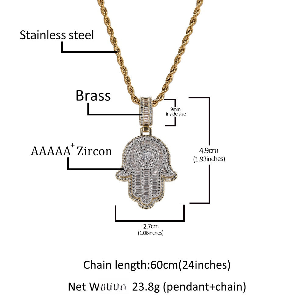 Iced Hamsa Hand Pendant Necklace with Cubic Zirconia Rope Chain for Women
