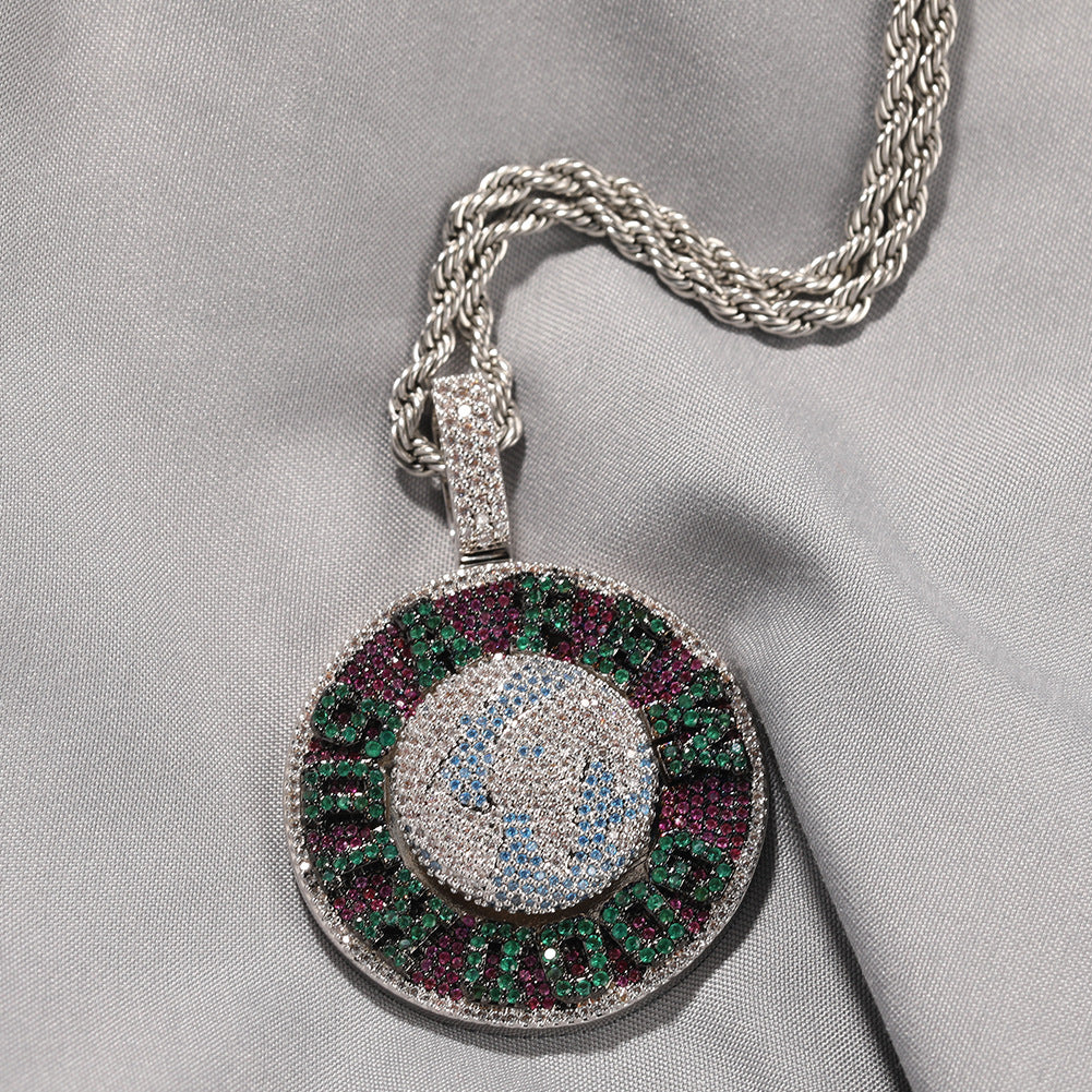 Iced Out Round Pendant Necklace with Cubic Zirconia Hip Hop Chain for Women and Men
