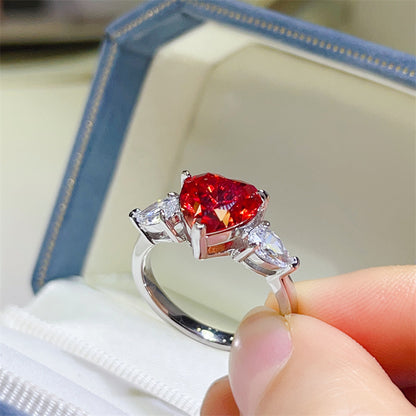 Red Heart Moissanite Ring for Women, Three-Stone Heart Cut Engagement Ring, 1 Carat 2 Carat 3 Carat Promise Ring