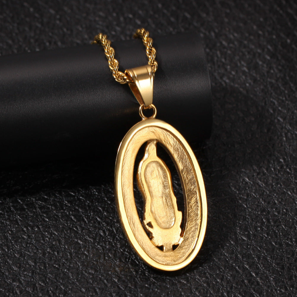 Gold Stainless Steel Virgin Mary Pendant Necklace with Cubic Zirconia Iced Out Rope or Cuban Chain