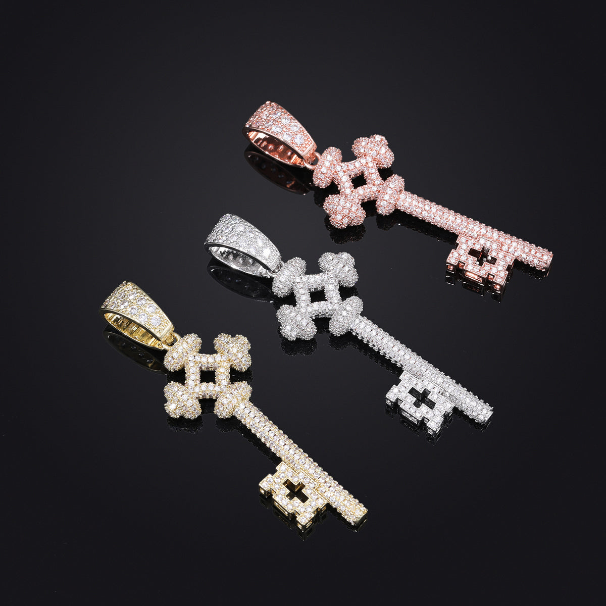 Iced Out Key Pendant Necklace for Women and Men - Geometric Cubic Zirconia Copper Chain Necklace product image