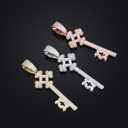 Iced Out Key Pendant Necklace for Women and Men - Geometric Cubic Zirconia Copper Chain Necklace