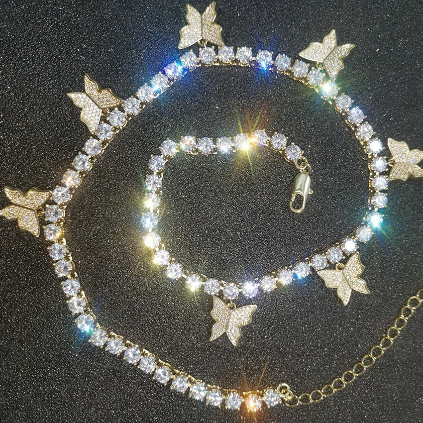 Butterfly Cubic Zirconia Tennis Chain Necklace for Women & Men – Silver, Pink or Gold Plated Statement Pendant Necklace