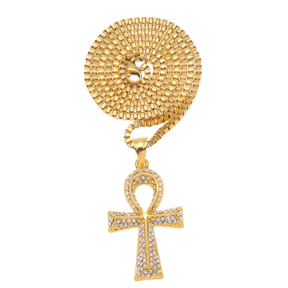 Gold Plated Iced Ankh Cross Pendant Necklace for Women & Men - Hip Hop Statement Chain with Cubic Zirconia