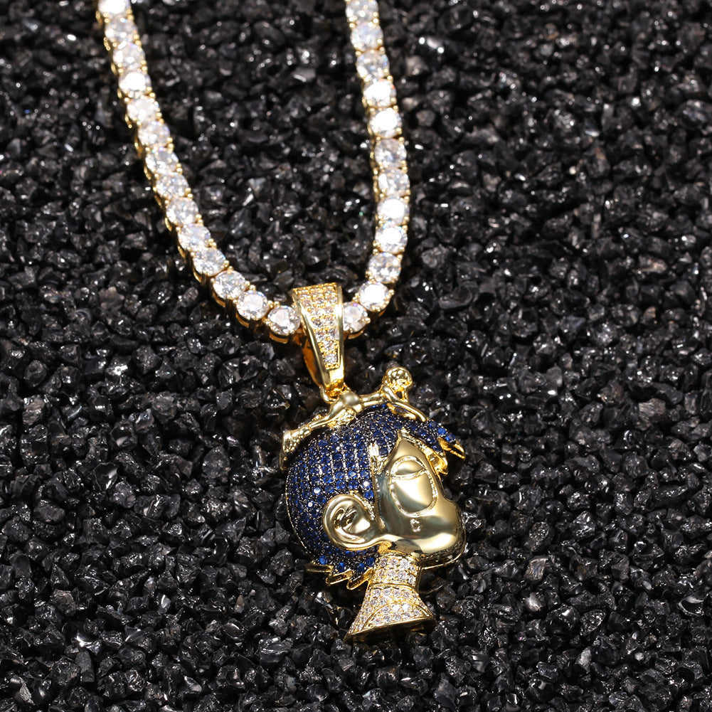 Iced Cartoon Head Pendant Necklace with Cuban or Rope Chain for Women & Men, Gold or Silver Tone Cubic Zirconia Statement Chain