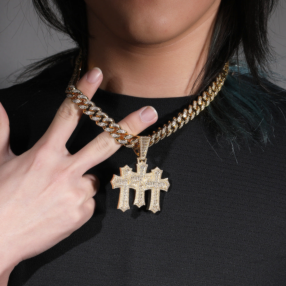 Iced Triple Cross Pendant Necklace with 12mm Cuban Chain for Women and Men - Gold, Silver, or Two Tone Cubic Zirconia Statement Chain
