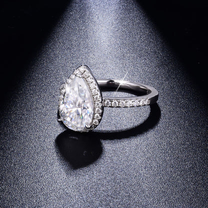 3 Carat Pear Cut Moissanite Halo Ring, 925 Sterling Silver Promise Ring