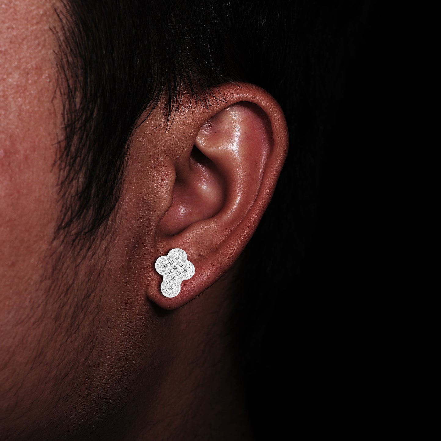 White-Tone Moissanite Clover Stud Earrings, Geometric Unisex Ear Studs product image
