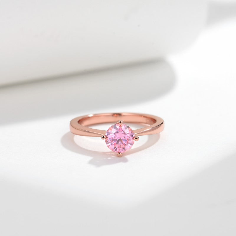 Pink Moissanite Solitaire Ring, 6.5mm Round Stone, S925 Sterling Silver with 18K Rose Gold Plating product image