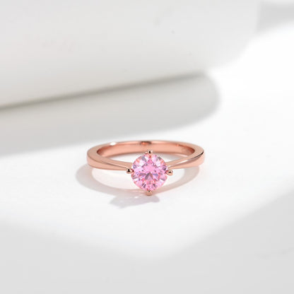 Pink Moissanite Solitaire Ring, 6.5mm Round Stone, S925 Sterling Silver with 18K Rose Gold Plating