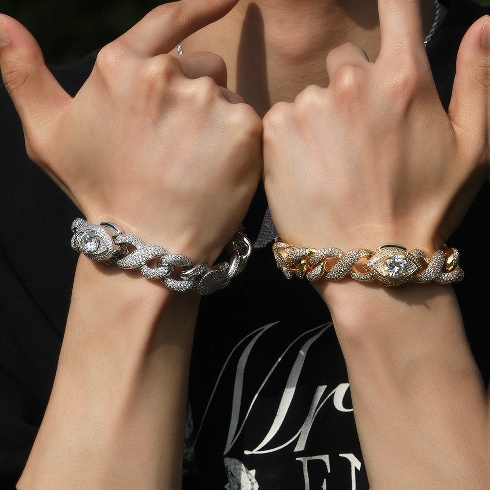 Men’s Iced Out Cuban Link Chain Bracelet or Necklace with Cubic Zirconia Sun Moon Star Eye Charms product image