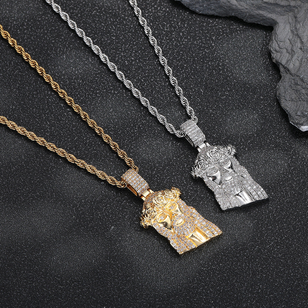 Men’s Hip Hop Portrait Pendant Necklace, Rope Chain, Stone-Set Streetwear Charm