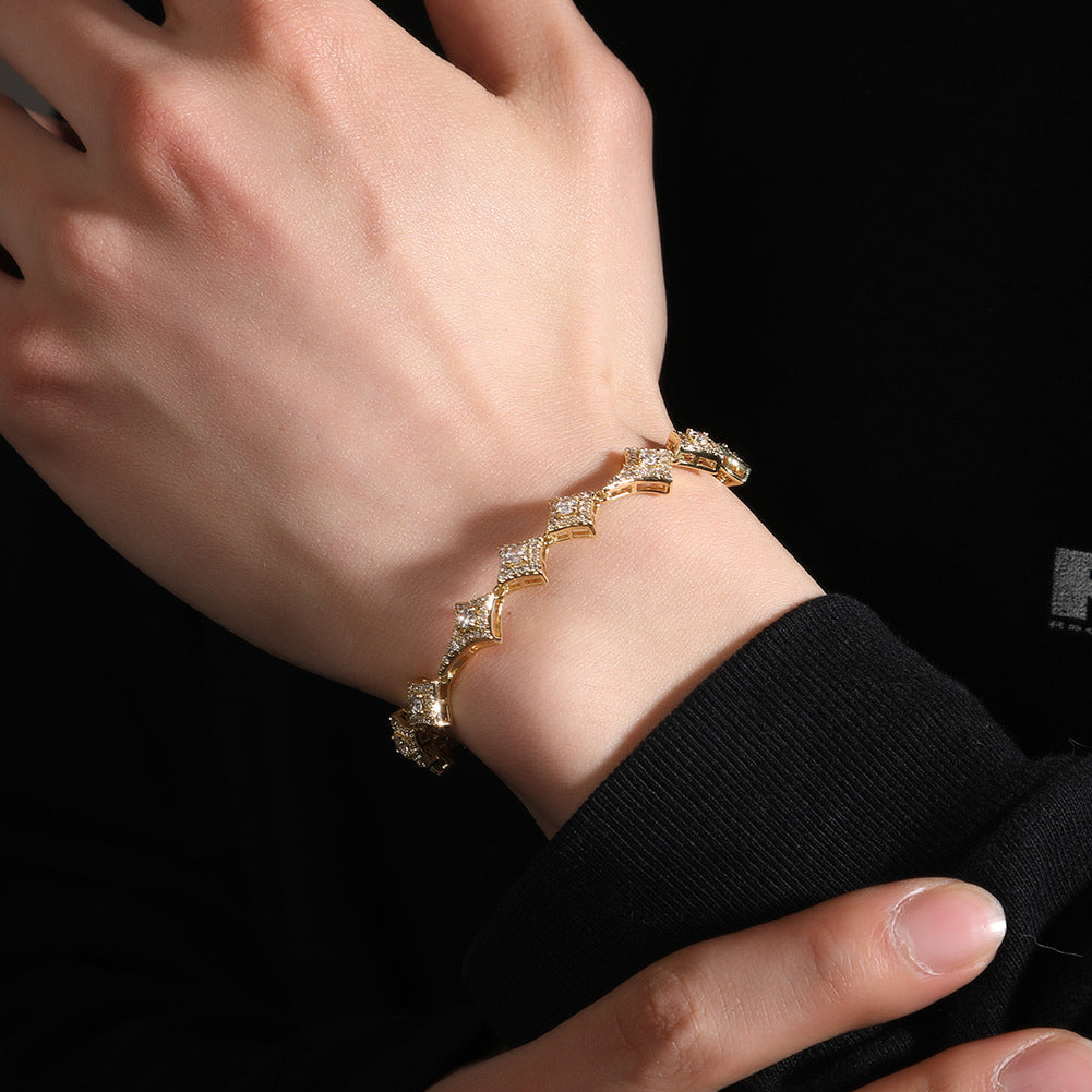 Iced Geometric Spike Chain Necklace Bracelet for Men, Gold Plated or Silver Plated Cubic Zirconia Statement Jewelry