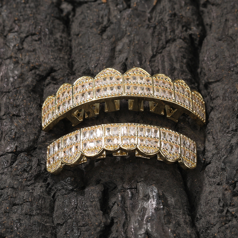 Hip Hop Cubic Zirconia Grillz Teeth Cap for Upper or Lower Teeth in Gold or Silver Tone