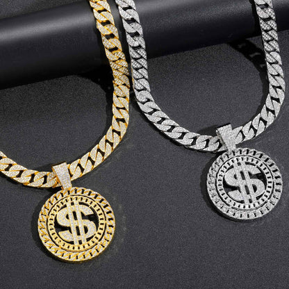 Hip Hop Cuban Link Dollar Alloy Pendant Necklace for Men and Women