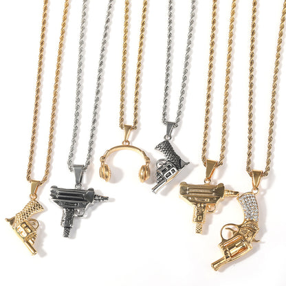 Stainless Steel Hip Hop Pendant Necklace with Cuban Chain - Headphones, Mini Pistol, Submachine Pendant in Gold or Silver Tone