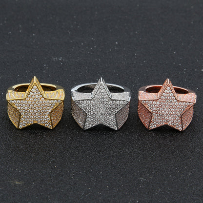 Men’s Iced Out Star Ring - Gold Plated Cubic Zirconia Statement Ring in Gold, Silver & Rose Gold