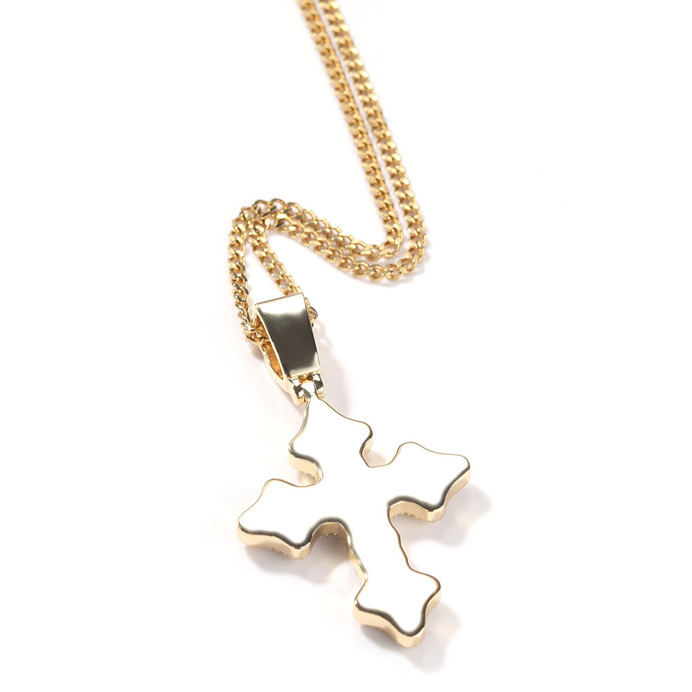 Iced Cross Pendant Necklace with Cubic Zirconia Stainless Steel Cuban Chain for Women & Men