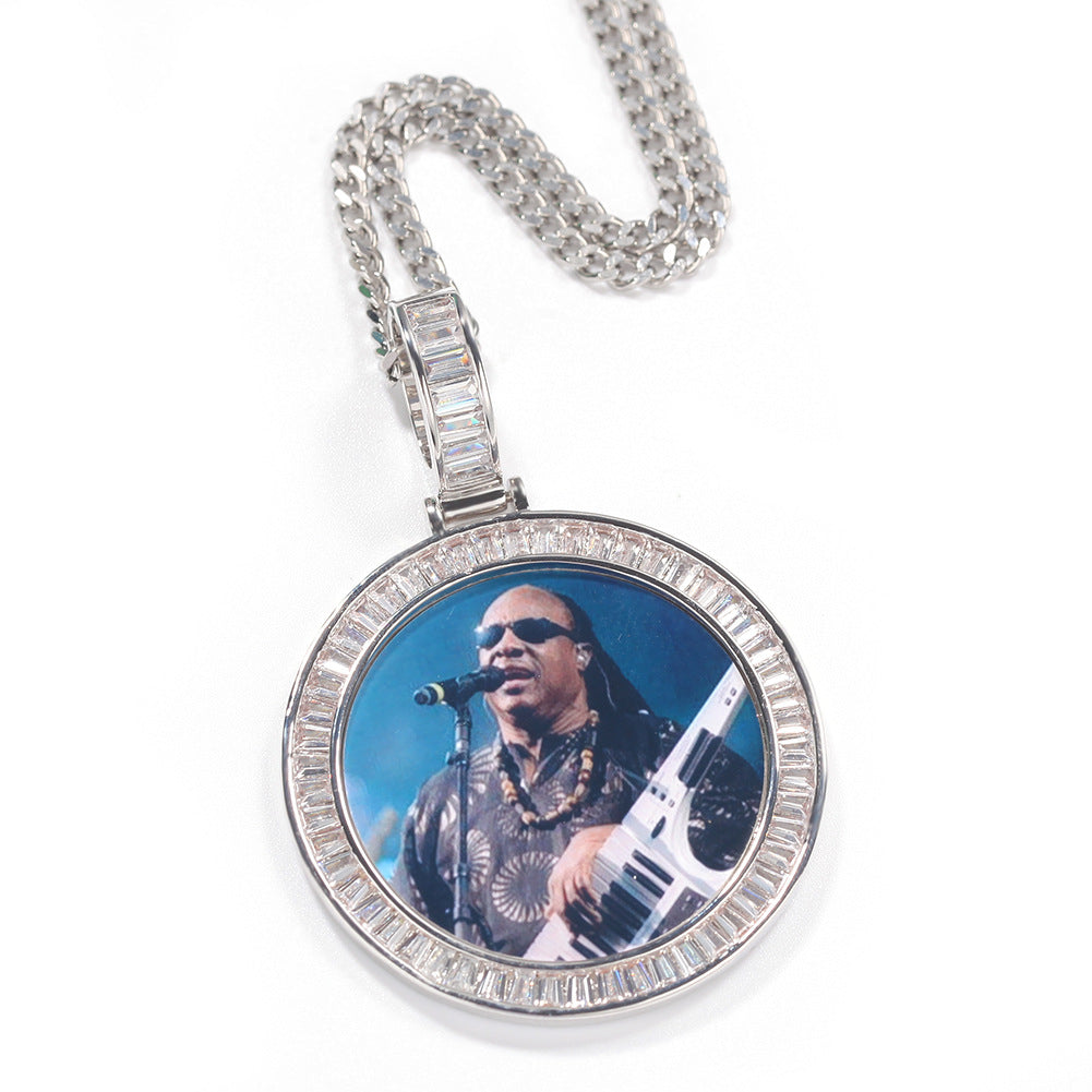 Unisex Hip Hop Round Photo Pendant Necklace with Cubic Zirconia Rope Chain in Gold, Silver & Rose Gold