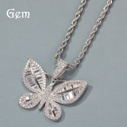 Butterfly Cubic Zirconia Pendant Necklace for Women & Men – Gold Plated or Silver Plated Chain Necklace in Twisted Rope or Cuban Chain