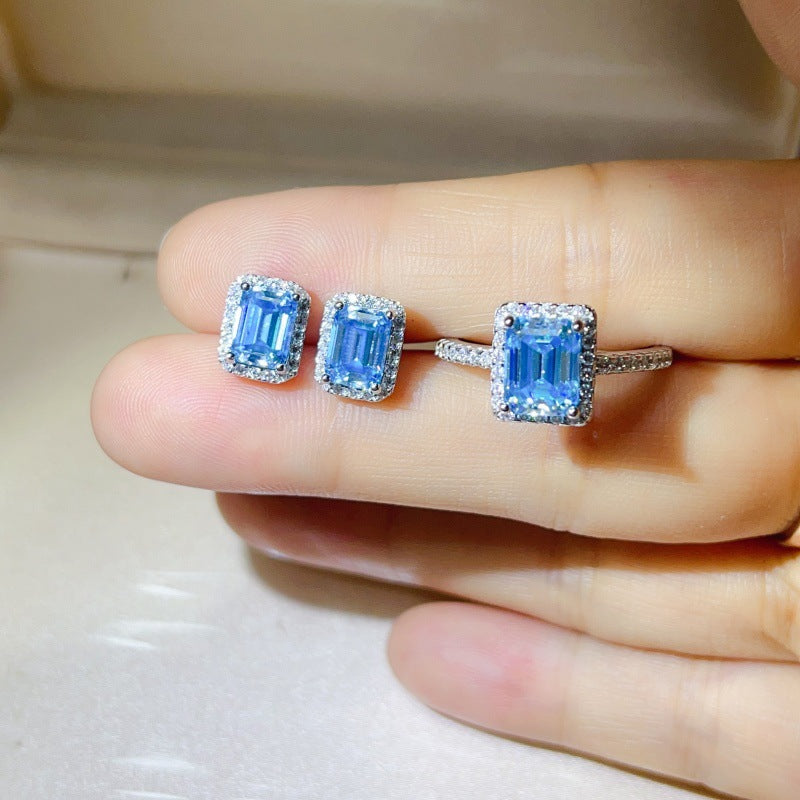 Blue Emerald-Cut Moissanite Ring and Stud Earrings Set, Halo Jewelry Set for Women product image