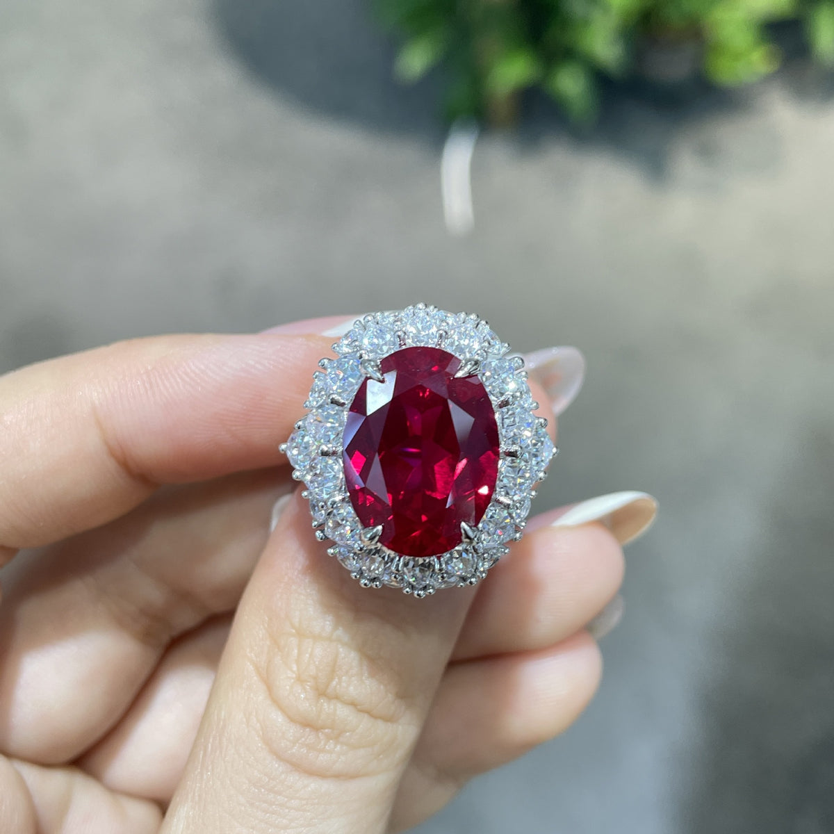 Oval Lab-Created Ruby Halo Ring in 925 Sterling Silver for Women product image