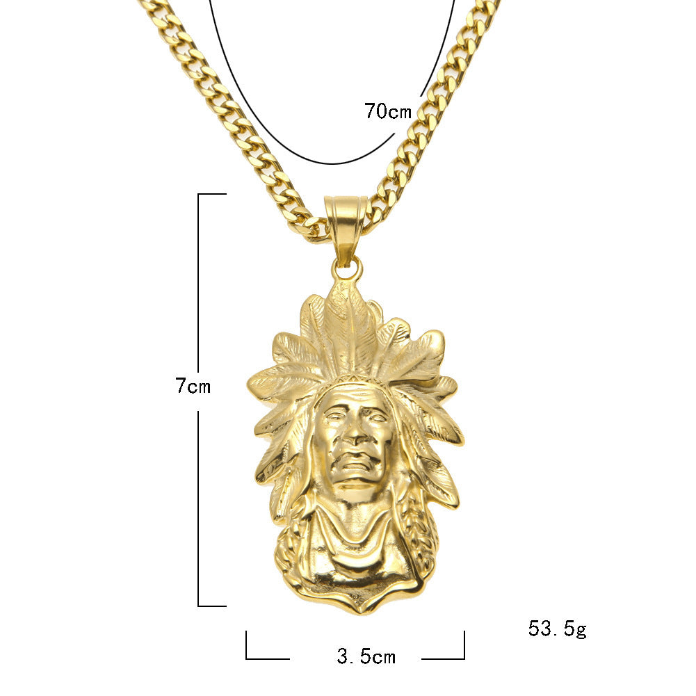 Stainless Steel Statement Pendant Necklace with Cuban Chain - Skull or Feather Headdress Charm in Gold Plated or Silver Tone product image