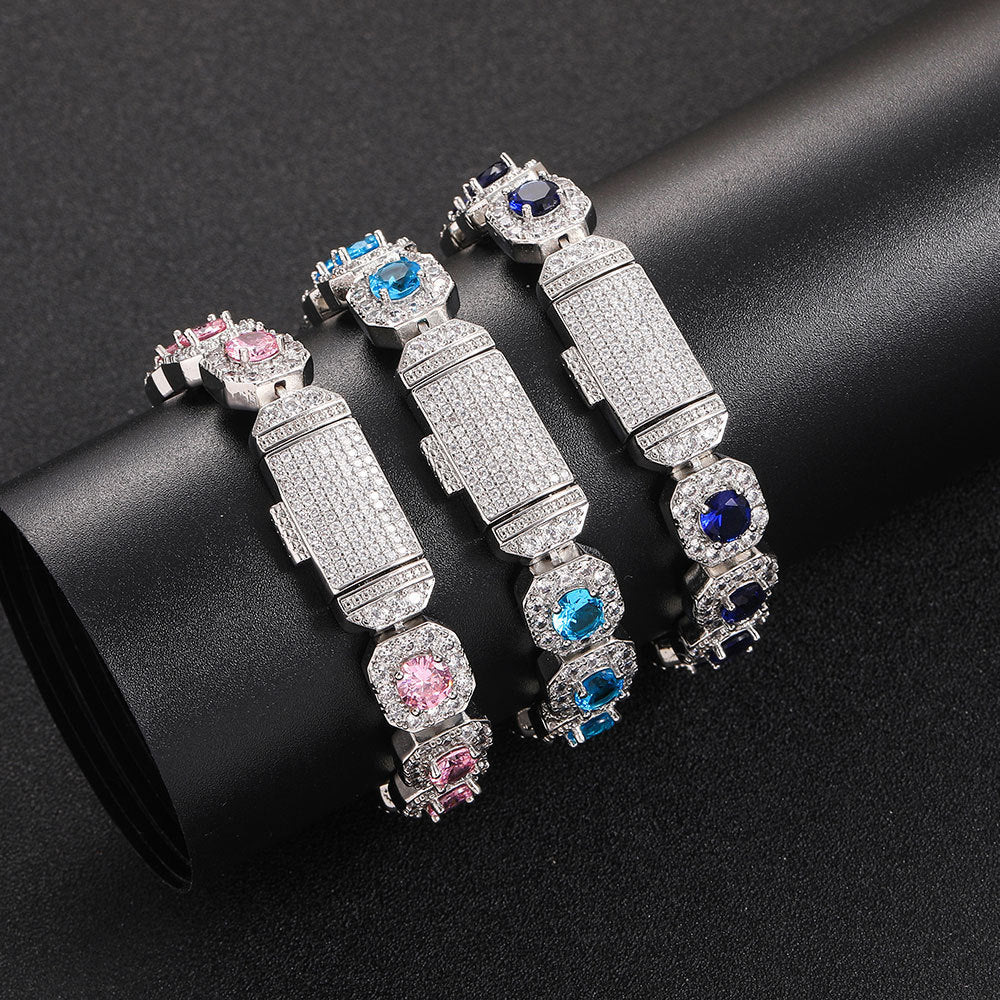12 mm Blue Round Halo CZ Link Hip Hop Bracelet with Copper Base - CHA190 product image