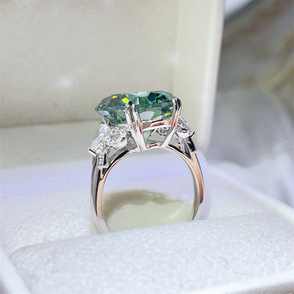 10 Carat Green Moissanite Ring for Women, Round Statement Engagement Ring