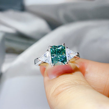 Green Moissanite Geometric Ring with Triangle Side Stones for Women