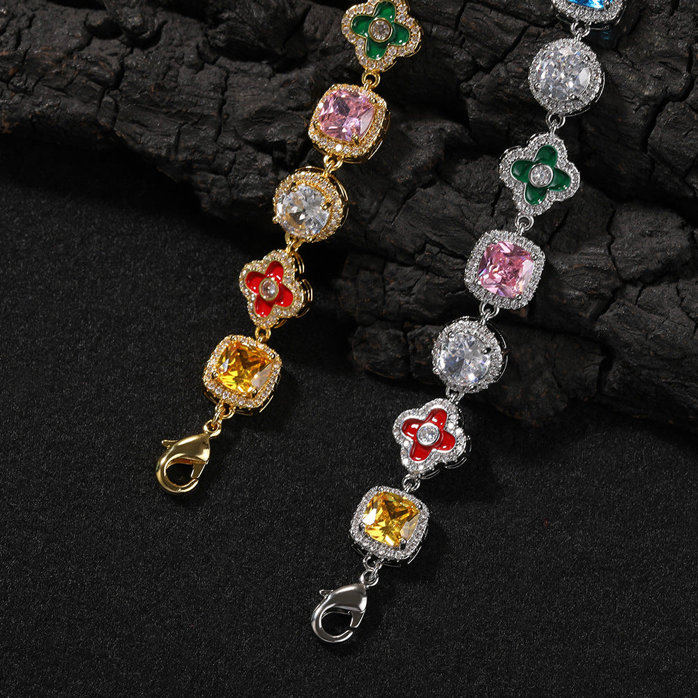 Unisex Colorful Cubic Zirconia Chain Bracelet in Silver Tone - Geometric Round Square Floral Statement Bracelet