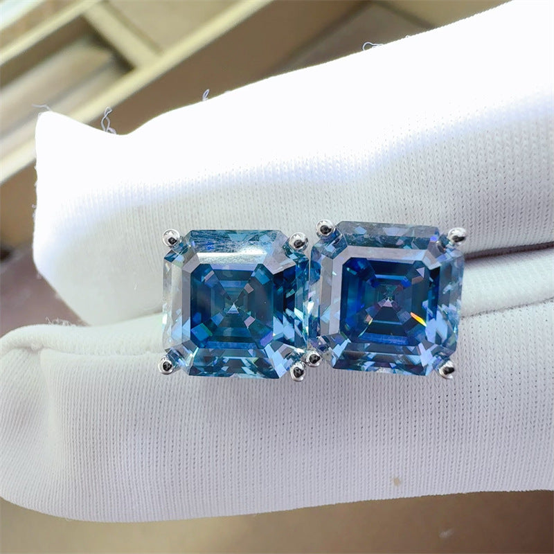 Blue Asscher Cut Moissanite Stud Earrings for Women, Geometric Silver Ear Studs, Dressy Daily Earrings product image