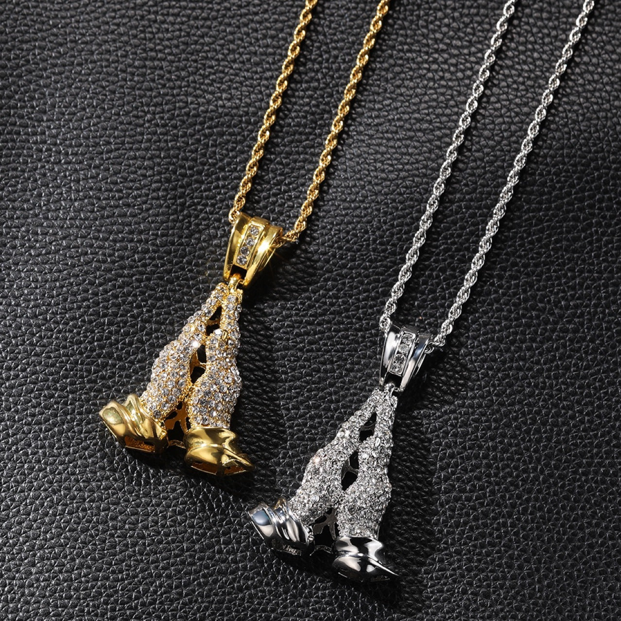 Iced Praying Hands Pendant Necklace for Women with Cubic Zirconia, Stainless Steel Twist Chain, Silver or Gold Tone Statement Jewelry