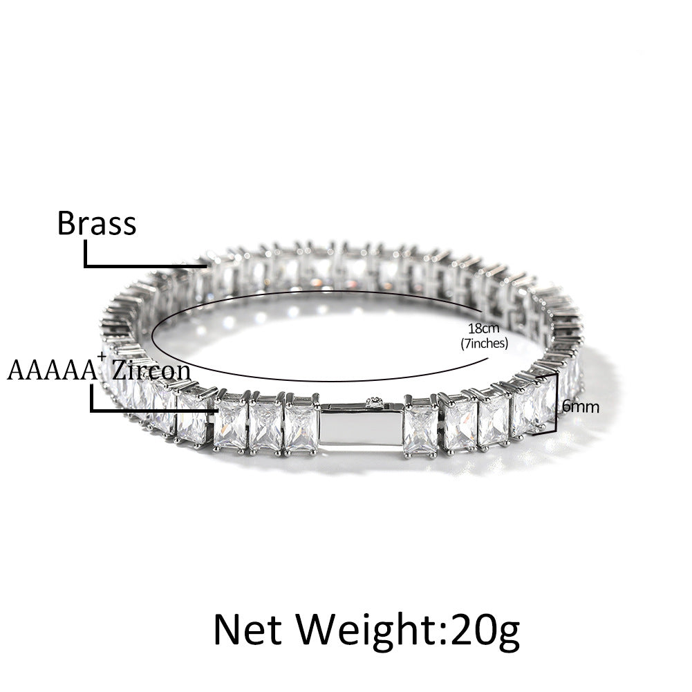 Men’s Silver-Tone Square Cubic Zirconia Tennis Bracelet – Hip Hop Statement Chain, 6 Inch / 7 Inch