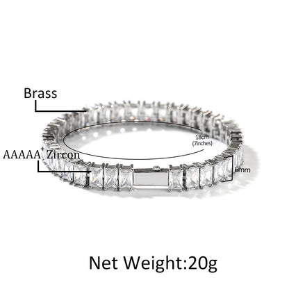 Men’s Silver-Tone Square Cubic Zirconia Tennis Bracelet – Hip Hop Statement Chain, 6 Inch / 7 Inch