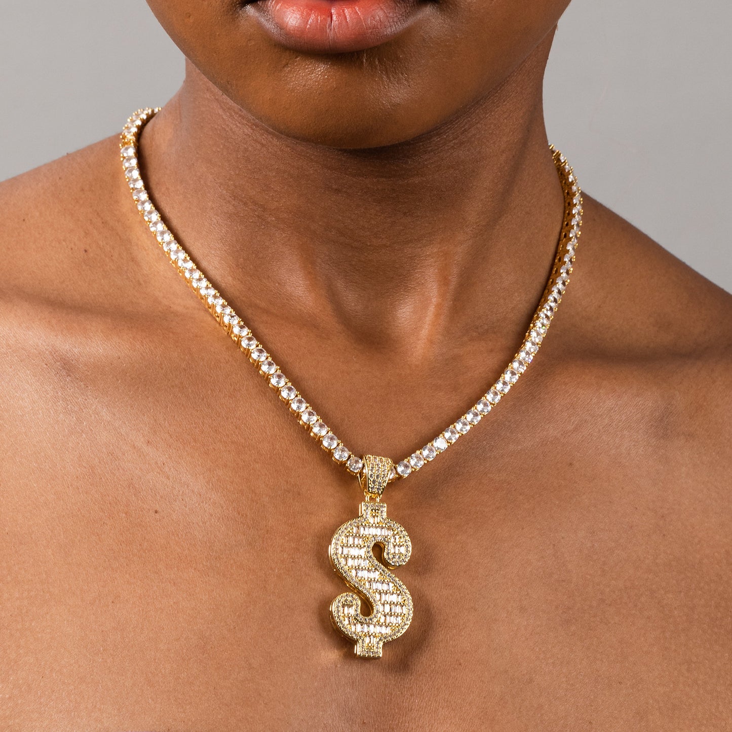 Iced Dollar Sign Pendant Necklace for Men and Women – Gold or Silver Color Cuban Twist Chain with Cubic Zirconia Statement Charm