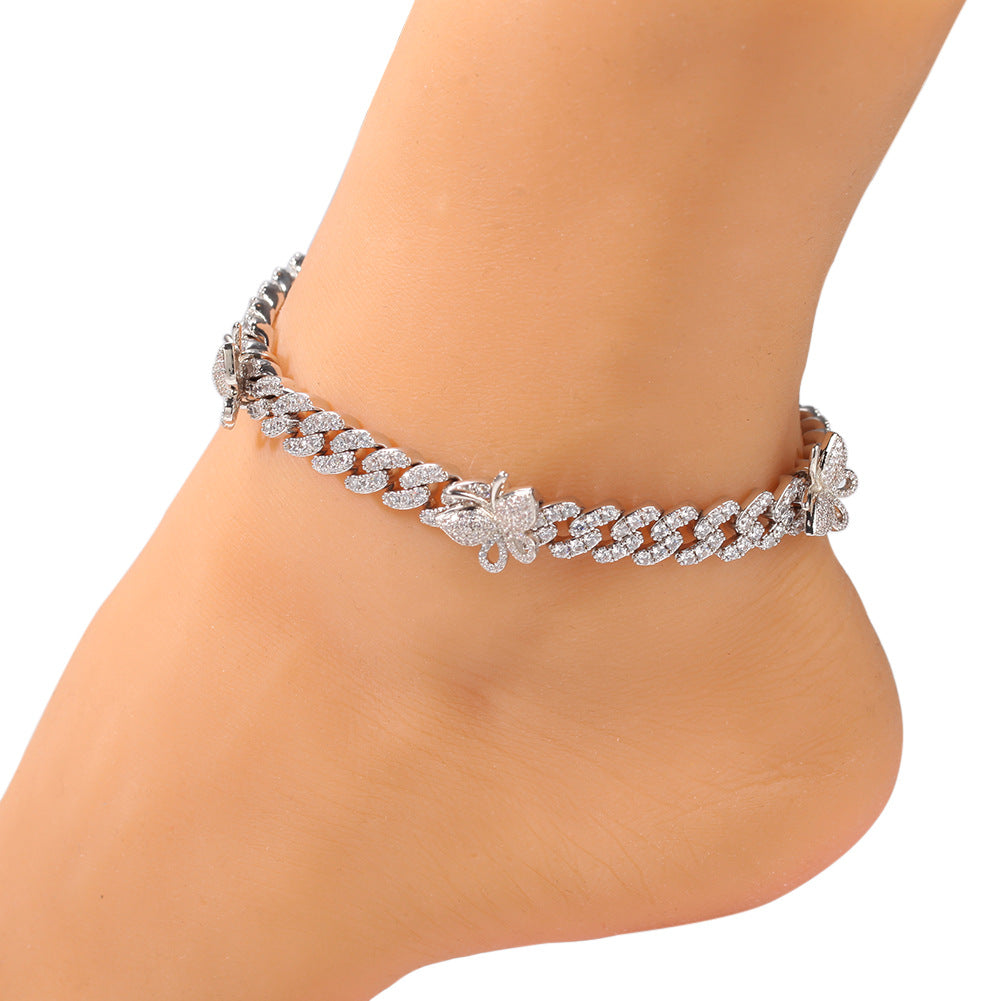 Butterfly Cuban Link Bracelet Anklet with Cubic Zirconia for Women & Men - Gold, Silver, Rose Gold Statement Chain Jewelry