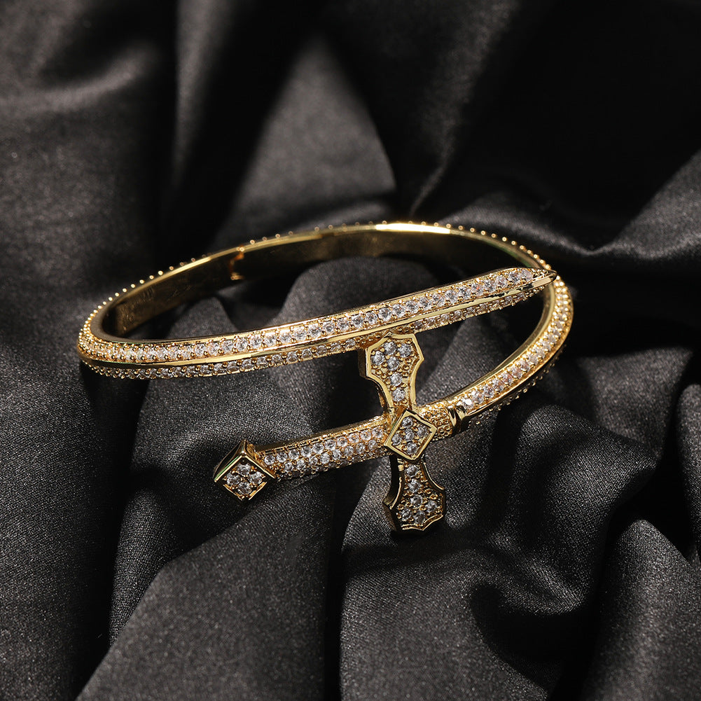 Iced Nail Bangle Bracelet for Women with Cubic Zirconia - Trendy Gold, Silver & Rose Gold Statement Chain Bracelet product image